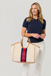 Beige Canvas Tote Bag with Red and Navy Stripe Detail