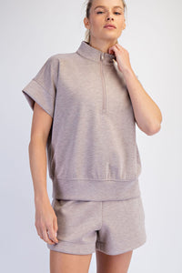 Nude Short Sleeve Quarter Zip Mock Neck Lounge Pullover