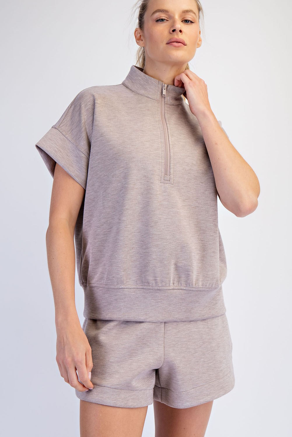 Nude Short Sleeve Quarter Zip Mock Neck Lounge Pullover