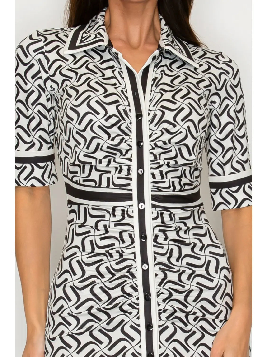 Geometric Print Button Down Short Sleeve Midi Dress