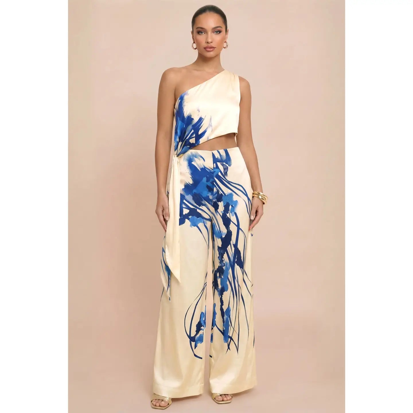 One Shoulder Abstract Blue Print Two Piece Wide Leg Set