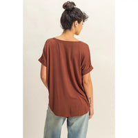 Brown Front Short Sleeve Blouse with Relaxed Fit