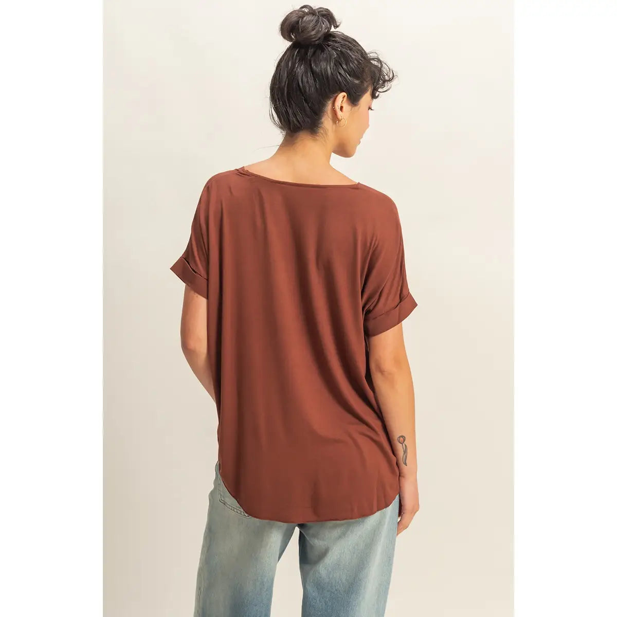 Brown Front Short Sleeve Blouse with Relaxed Fit