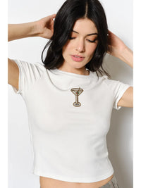 Martini Embroidered White Fitted Beaded Tee
