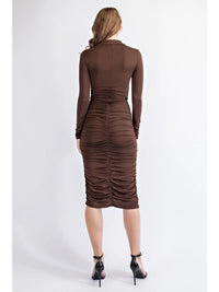 Chocolate Ruched Button Front Midi Bodycon Dress