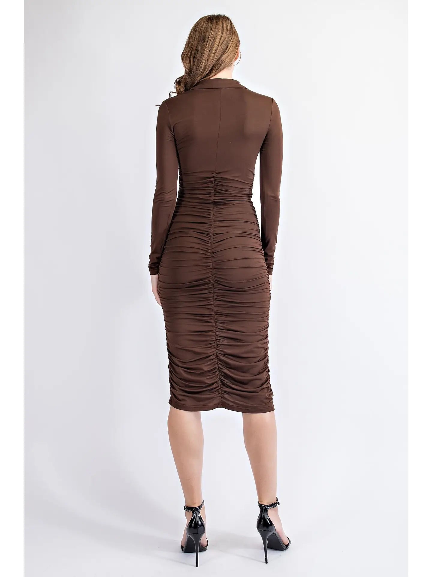 Chocolate Ruched Button Front Midi Bodycon Dress