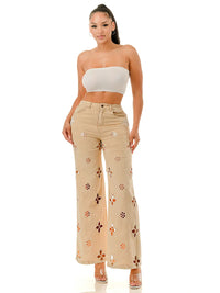 Beige Wide Leg Jeans with Pearl-Embellished Cutout Floral Detailing
