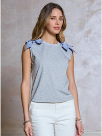 Striped Bow Shoulder Sleeveless Knit Top