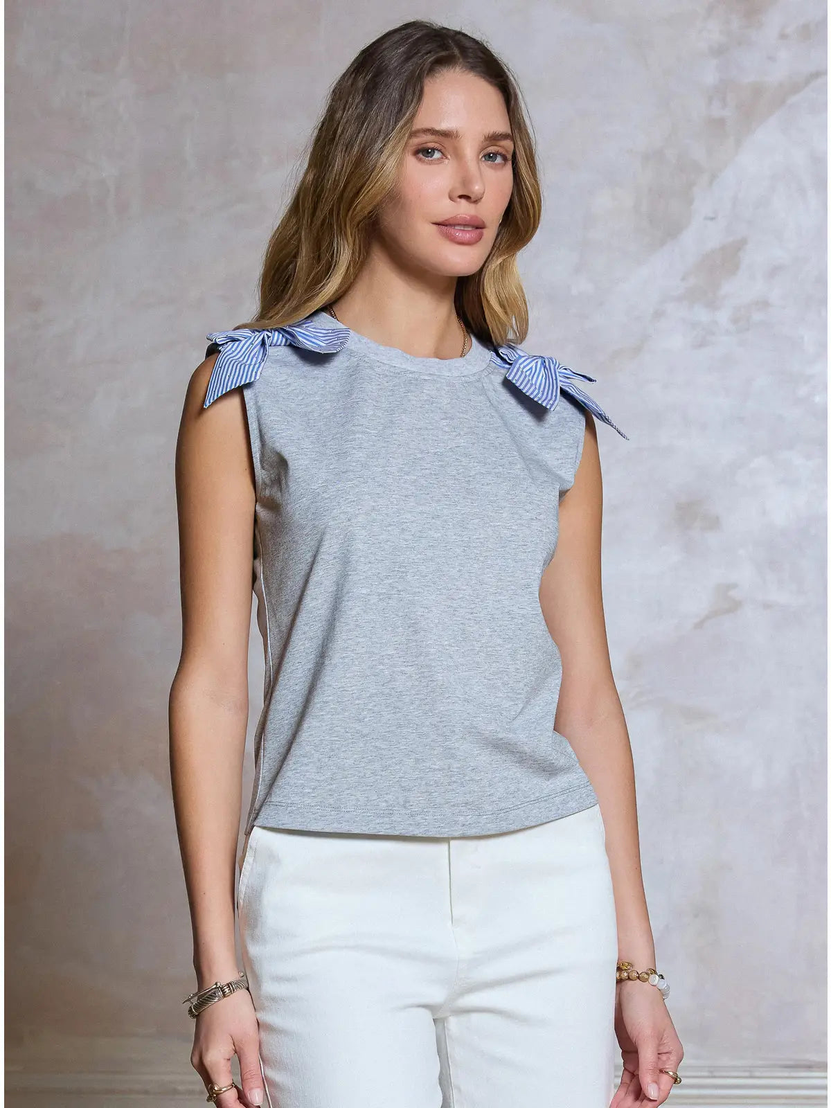 Striped Bow Shoulder Sleeveless Knit Top