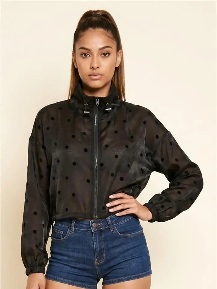 Sheer Black Polka Dot Cropped Zip Jacket