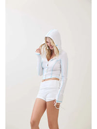 White Ribbed Button Front Hooded Crop Top with Contrast Stitching