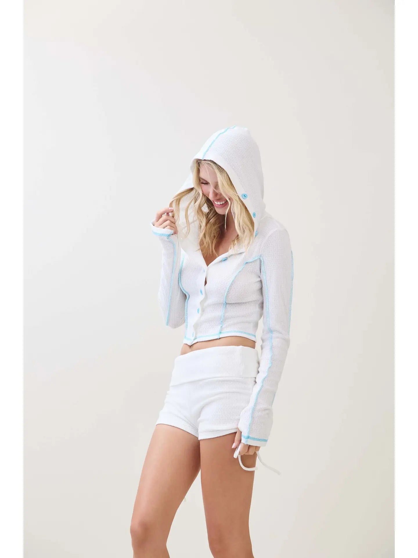 White Ribbed Button Front Hooded Crop Top with Contrast Stitching
