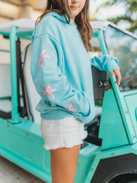 Blue Coastal Graphic Hoodie with Starfish Sleeve Detail
