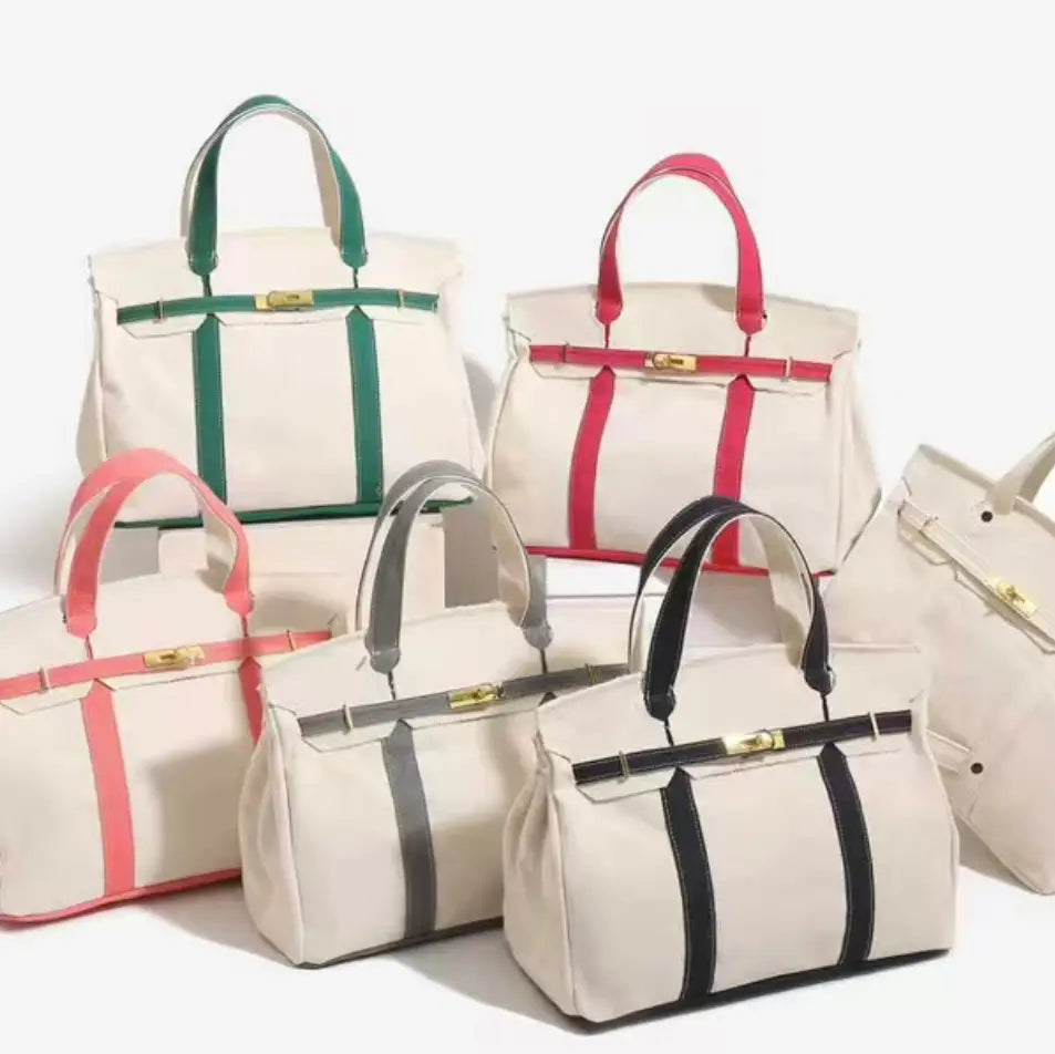 Canvas Contrast Stripe Lock Tote Bag