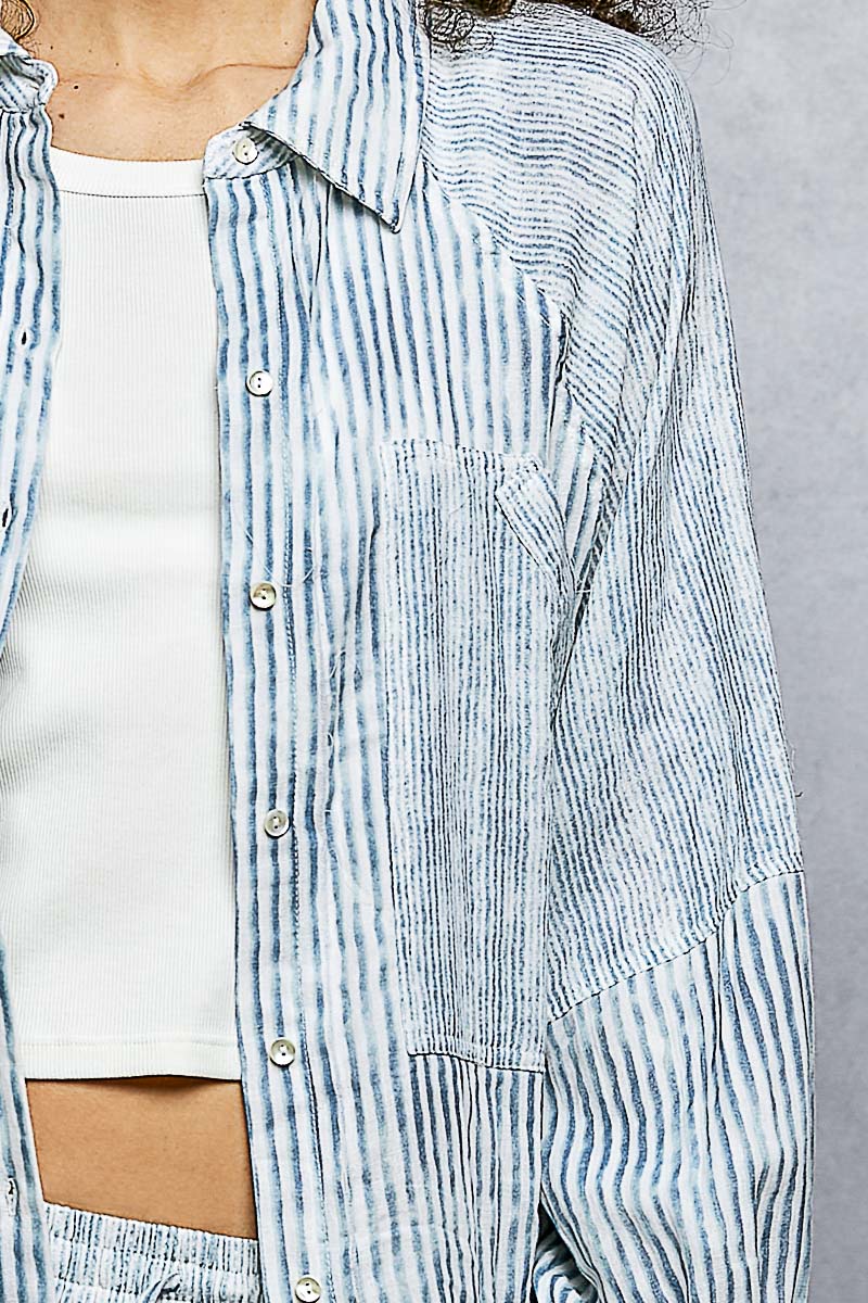 Striped Relaxed Fit Button-Up Shirt with Oversized Pocket Detail