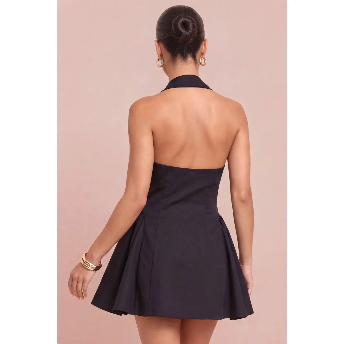 Black Halter Collar Button Front Fit & Flare Mini Dress