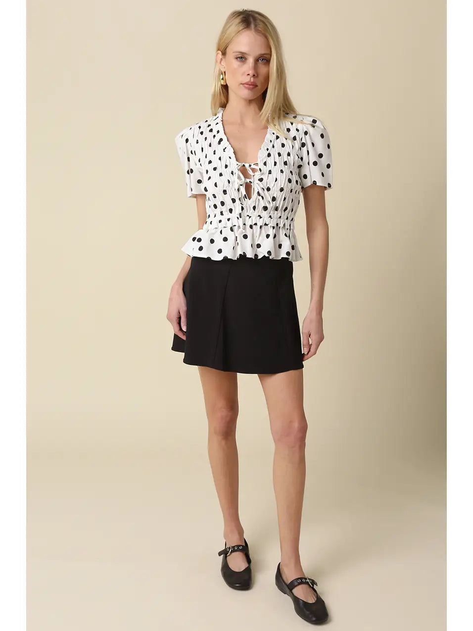 Polka Dot Smocked Peplum Top with Lace-Up Front and Puff Sleeves