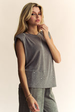 SOLID RHINESTONES MOCK NECK SHORT SLEEVE CROP TOP