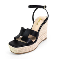 Leah Cutout Strap Espadrille Platform Wedge Sandals Black