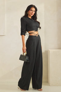 Black Pinstripe Crop Button-Up Top and Wide Leg Pants Set with Wrap Waist Detail