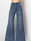 Wide-Leg Denim Jeans with Silver Sequin Geometric Pattern