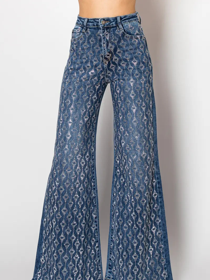 Wide-Leg Denim Jeans with Silver Sequin Geometric Pattern