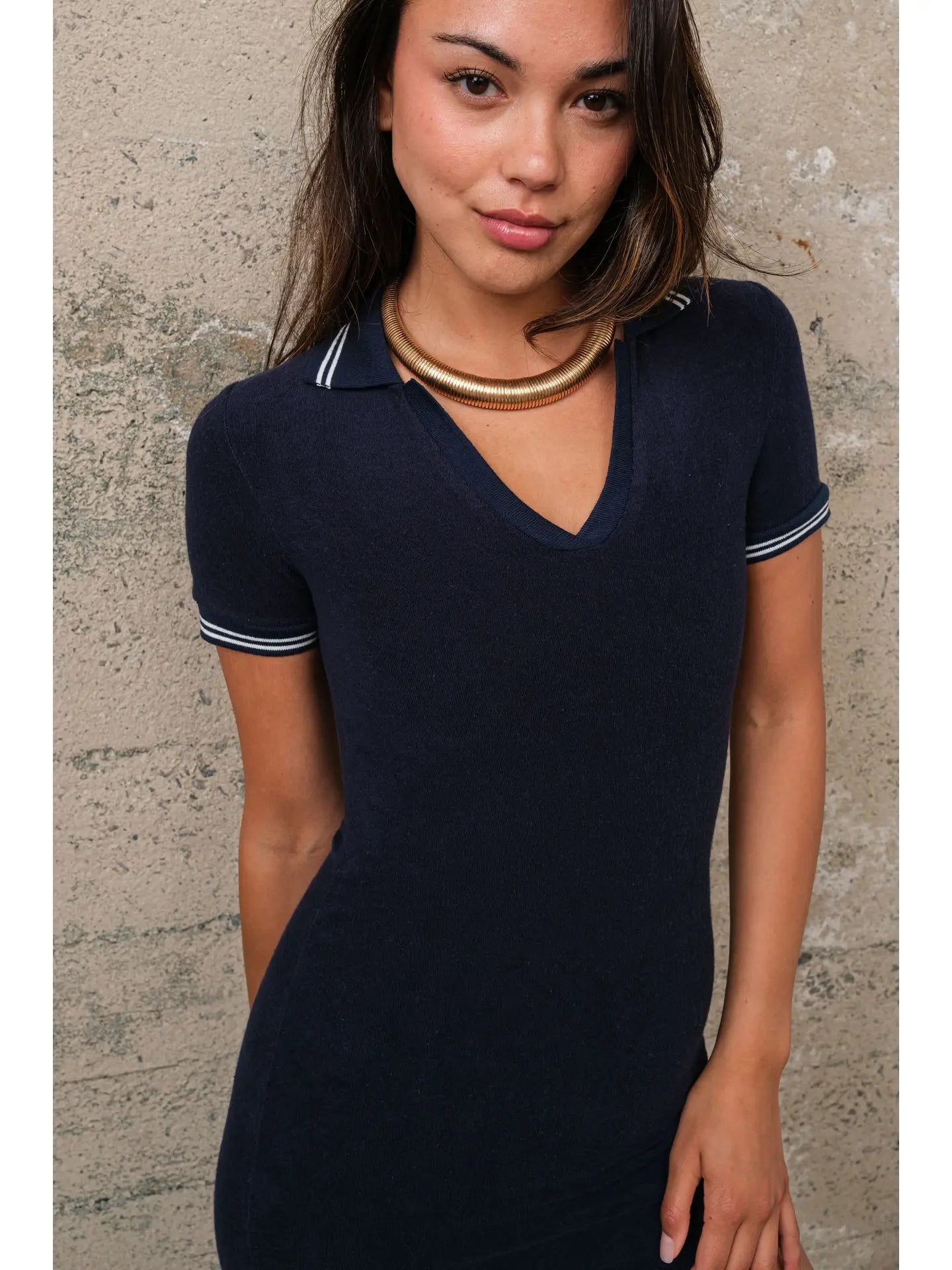 Blue Short Sleeve Polo Collar Mini Dress with Contrast Trim
