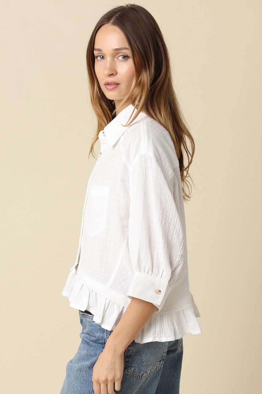 Lightweight Ruffle Hem Button-Up Blouse with Puff Sleeves in White
