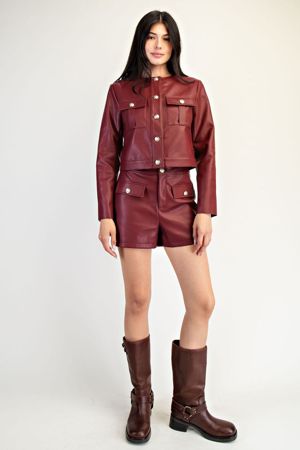 Red Vegan Leather Gold Button Jacket