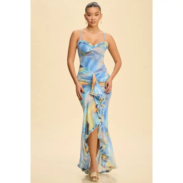 Pastel Watercolor Ruffle Trim High Slit Maxi Dress