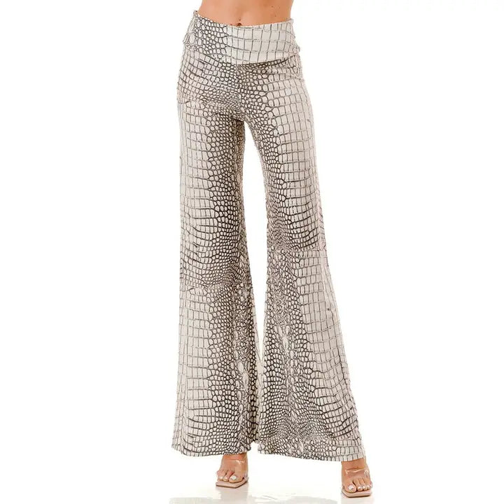 Beige Croc Print High-Waist Wide Leg Palazzo Pants