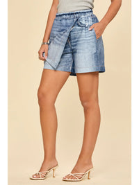 Light Denim Elastic Waist Denim Mini Skirt with Pockets