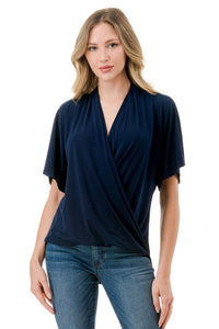 Navy Draped Surplice Short Sleeve Blouse Top