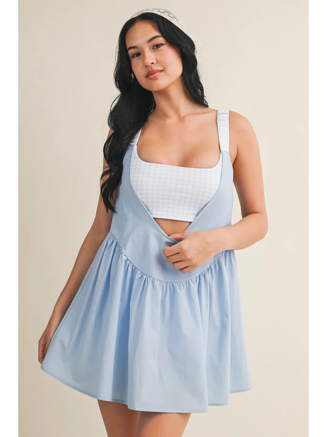 Light Blue Gingham Romper with Babydoll Overlay Dress
