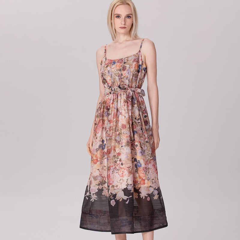 Floral Organza Midi Dress with Spaghetti Straps and Waist Tie
