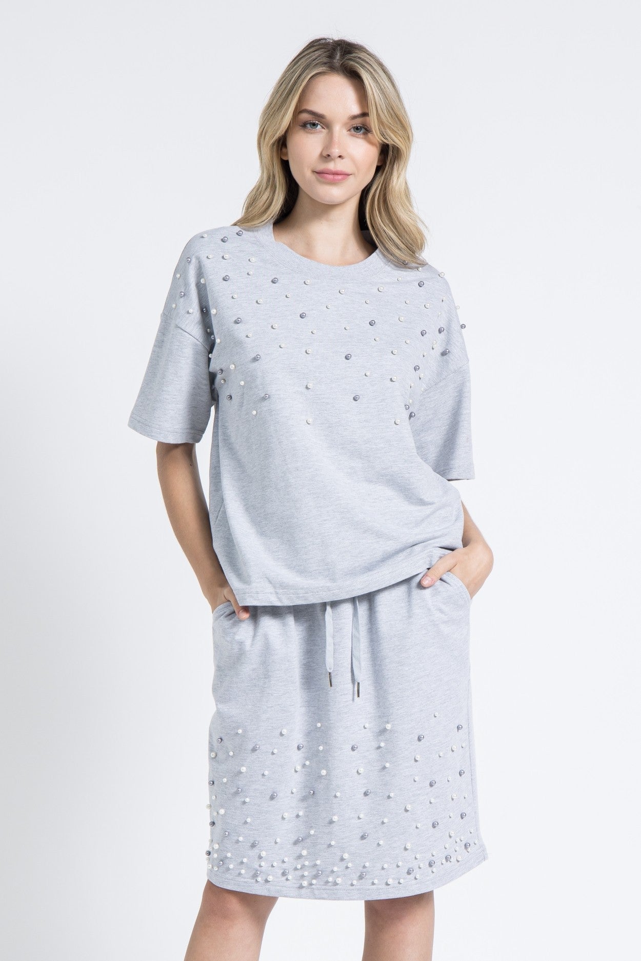 Grey Pearl Embellished Short Sleeve Top