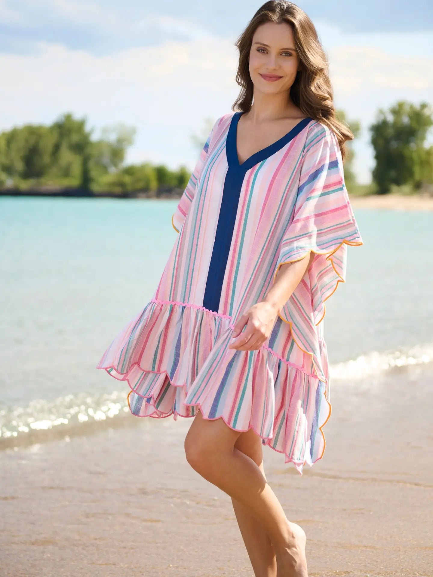 Pastel Stripe Ruffle Hem V-Neck Beach Cover-Up Dress
