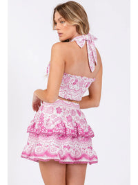 Pink Floral Halter Crop Top and Tiered Mini Skirt Set