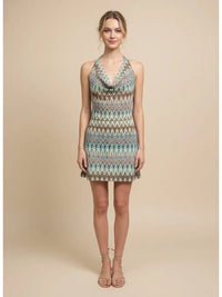 Chevron Knit Halter Neck Mini Dress with Open Back