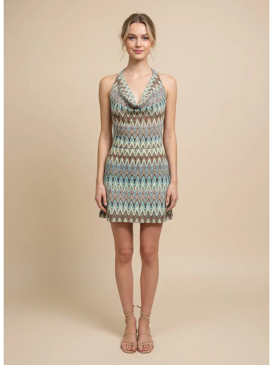 Chevron Knit Halter Neck Mini Dress with Open Back