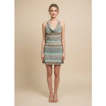 Chevron Knit Halter Neck Mini Dress with Open Back