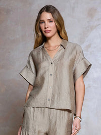 Nude Textured Button Front Short Sleeve Blouse