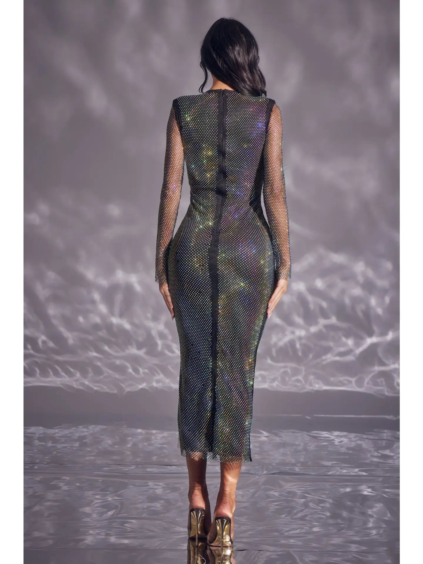 Sheer Mesh Iridescent Midi Dress with Asymmetric Cut-Out Amanda Jean NYC Sheer Mesh Iridescent Midi Dress with Asymmetric Cut-Out Amanda Jean NYC