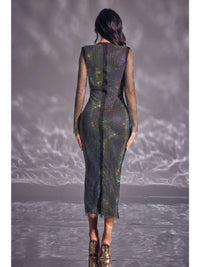 Sheer Mesh Iridescent Midi Dress with Asymmetric Cut-Out