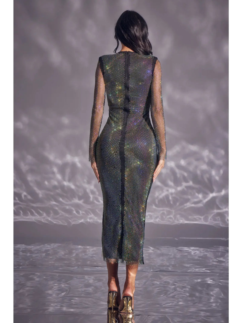 Sheer Mesh Iridescent Midi Dress with Asymmetric Cut-Out