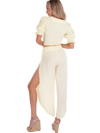 Baby Yellow Puff Sleeve Front-Tie Crop Top