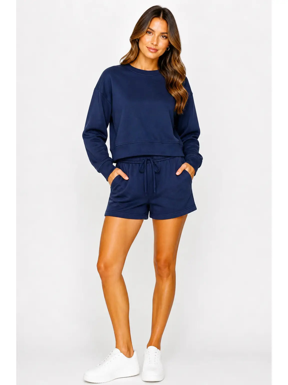 Navy Long Sleeve Lounge Set with Drawstring Shorts