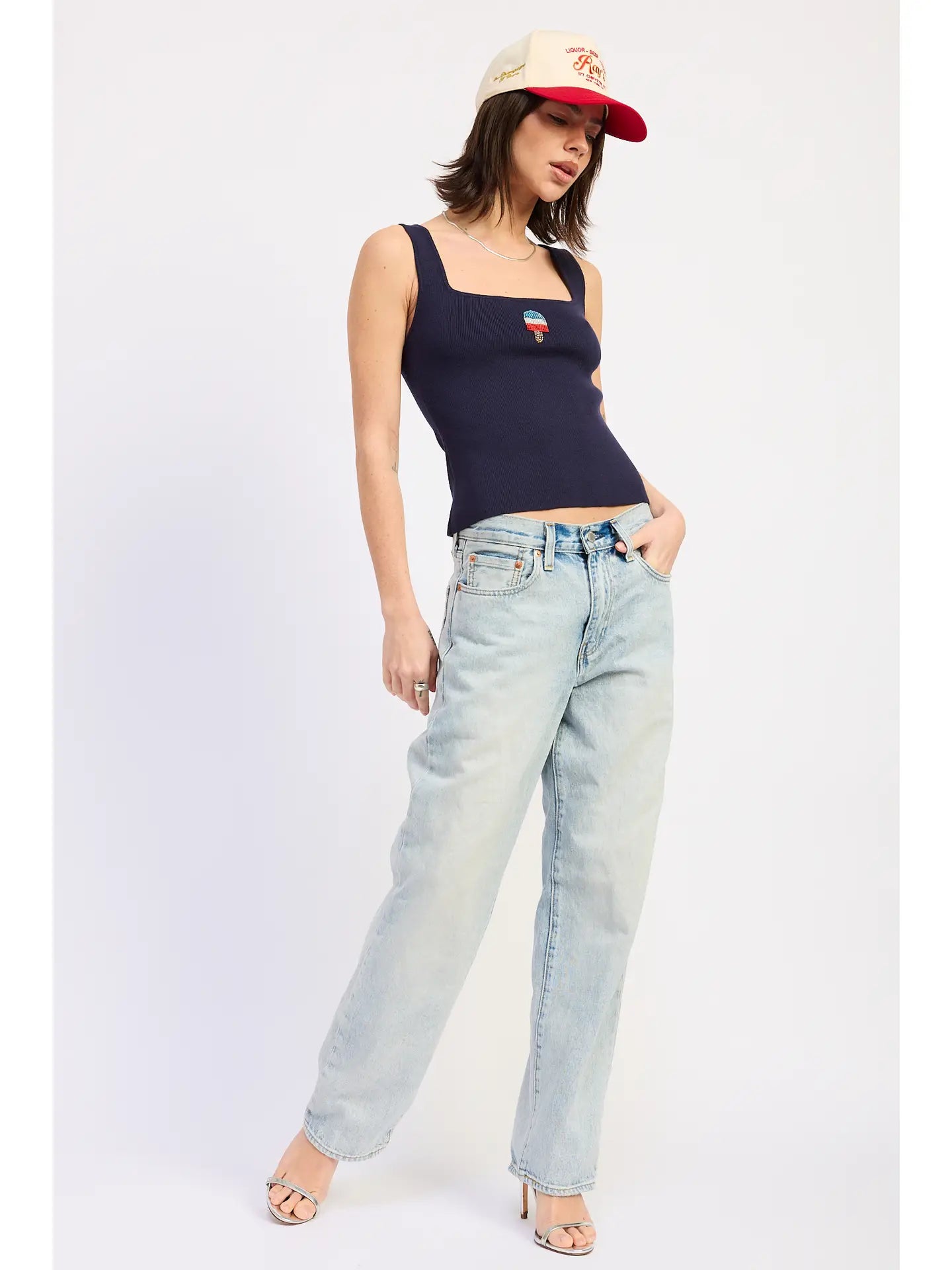 Blue Square Neck Ribbed Tank with Ice Cream Embroidery
