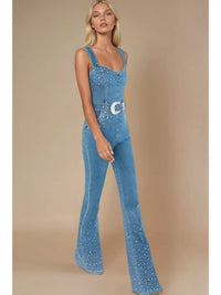 Rhinestone Embellished Denim Flare Jumpsuit
