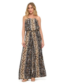 Beige Animal Print Strapless Wide Leg Jumpsuit with Belt
